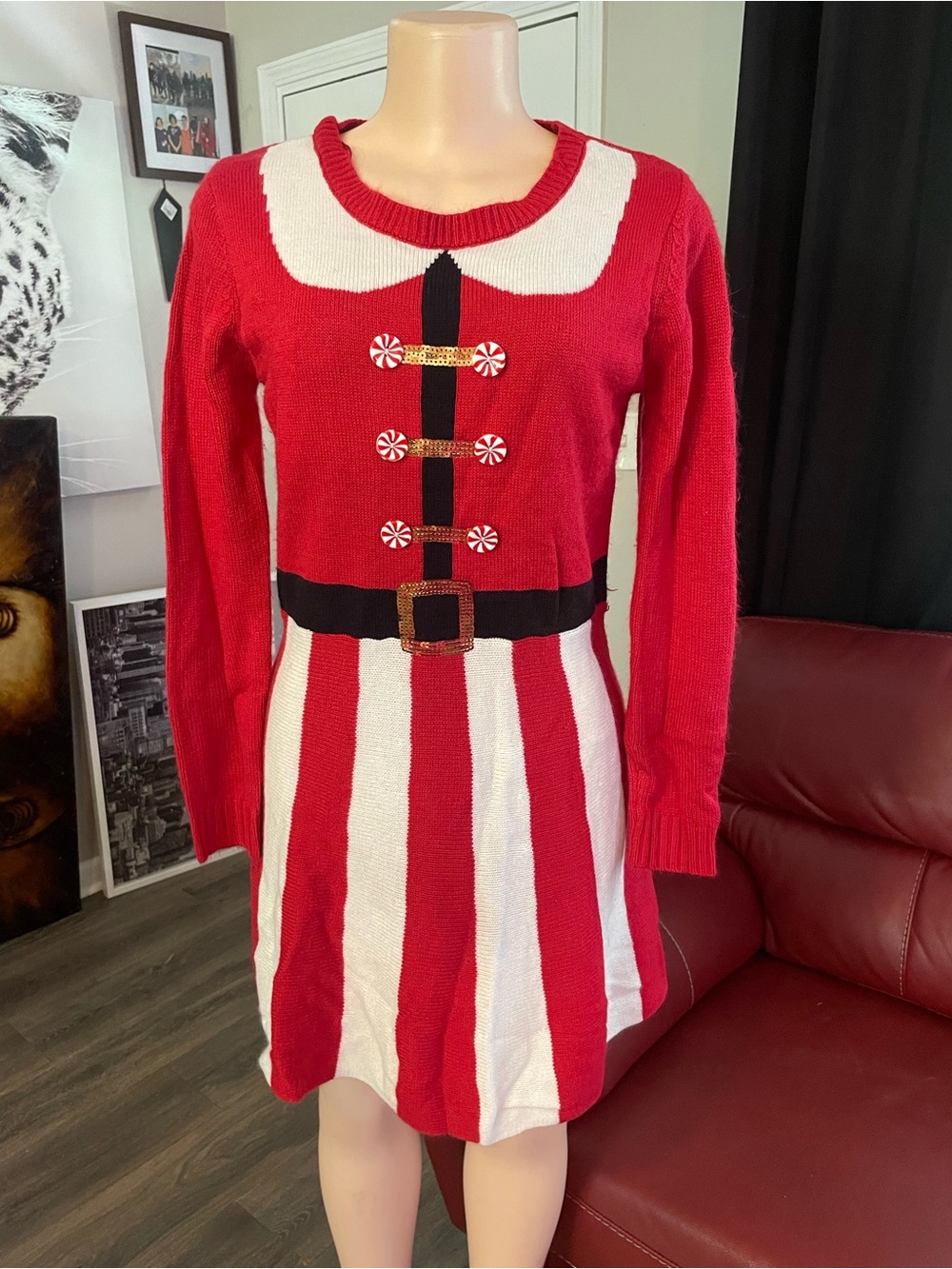Red Candy-Button Holiday Sweater Dress - Women Christmas long sleeve medium fest